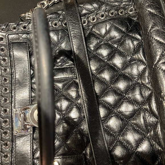 Michael Kors Black Leather Tote Silver Lock Laced Trim MK - Picture 12 of 12